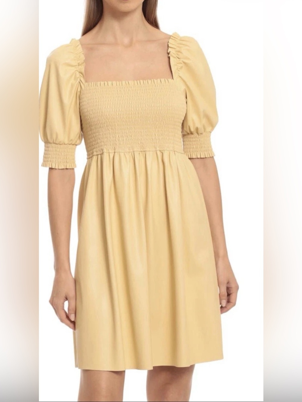 Avec Les Filles XS Vegan Leather Dress Fit Flare Smocked Yellow NWT Puff Sleeve